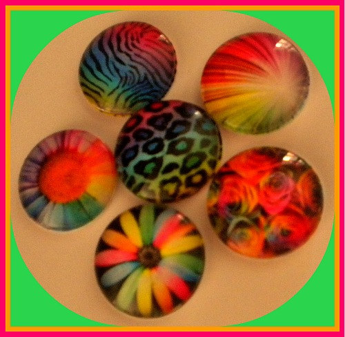 Magnets - Set of 6 - Neon Rainbow Designs - 1 Inch Domed Glass Circles - Stocking Stuffer